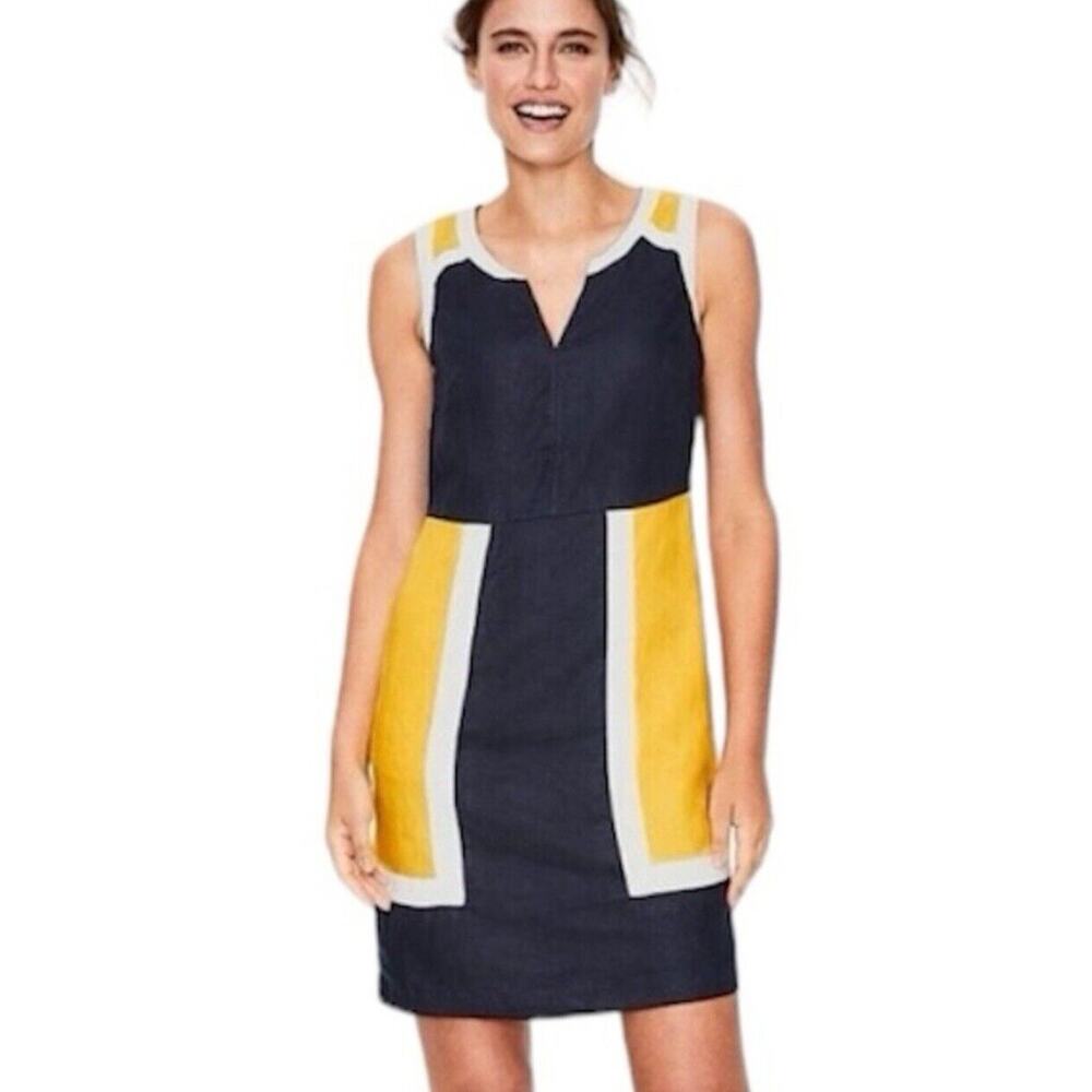 Boden Navy Blue Yellow Colorblock Sleeveless Linen Summer Dress w/ Pockets 2R